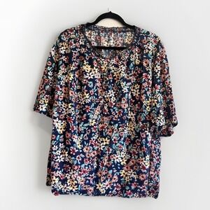 Blouse Womens 3X Blue Floral Scoop Neck 3/4 Sleeve Button Tunic Boho Top